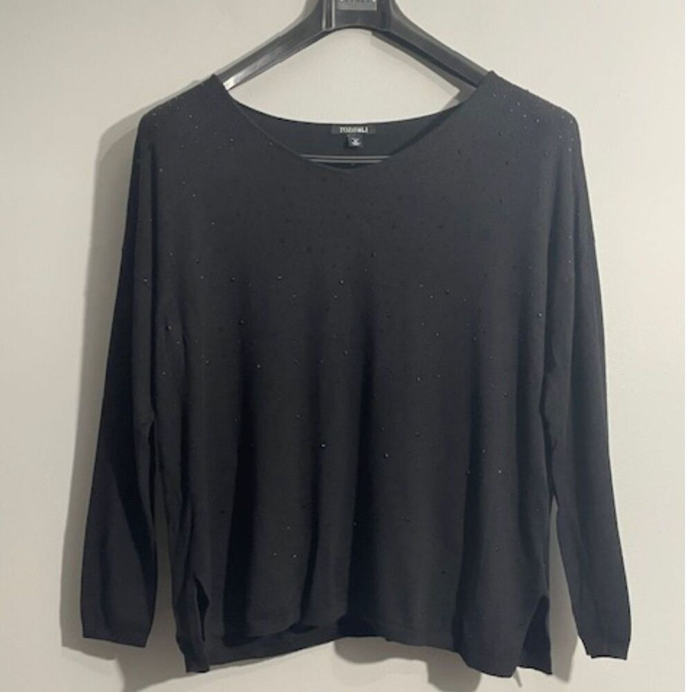 Roz & Ali Women's Black Long Sleeve Sweater Shiny Black Embellishments Petite XL